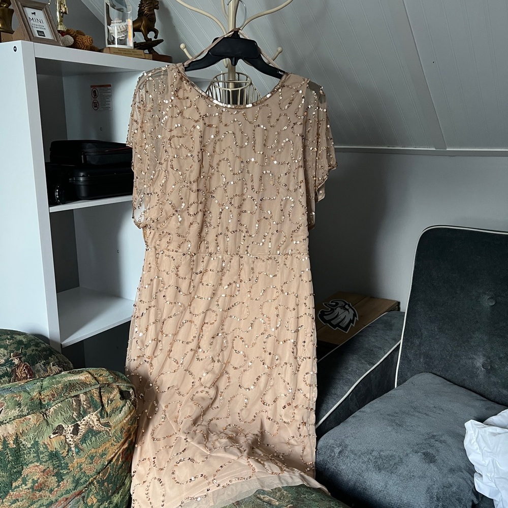Adrianna Papell NWT Champagne gold short beaded dress with flutter sleeves